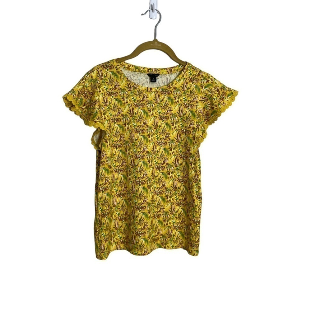 Ann Taylor Yellow Floral T Short Embroidered Trim Sleeve XS